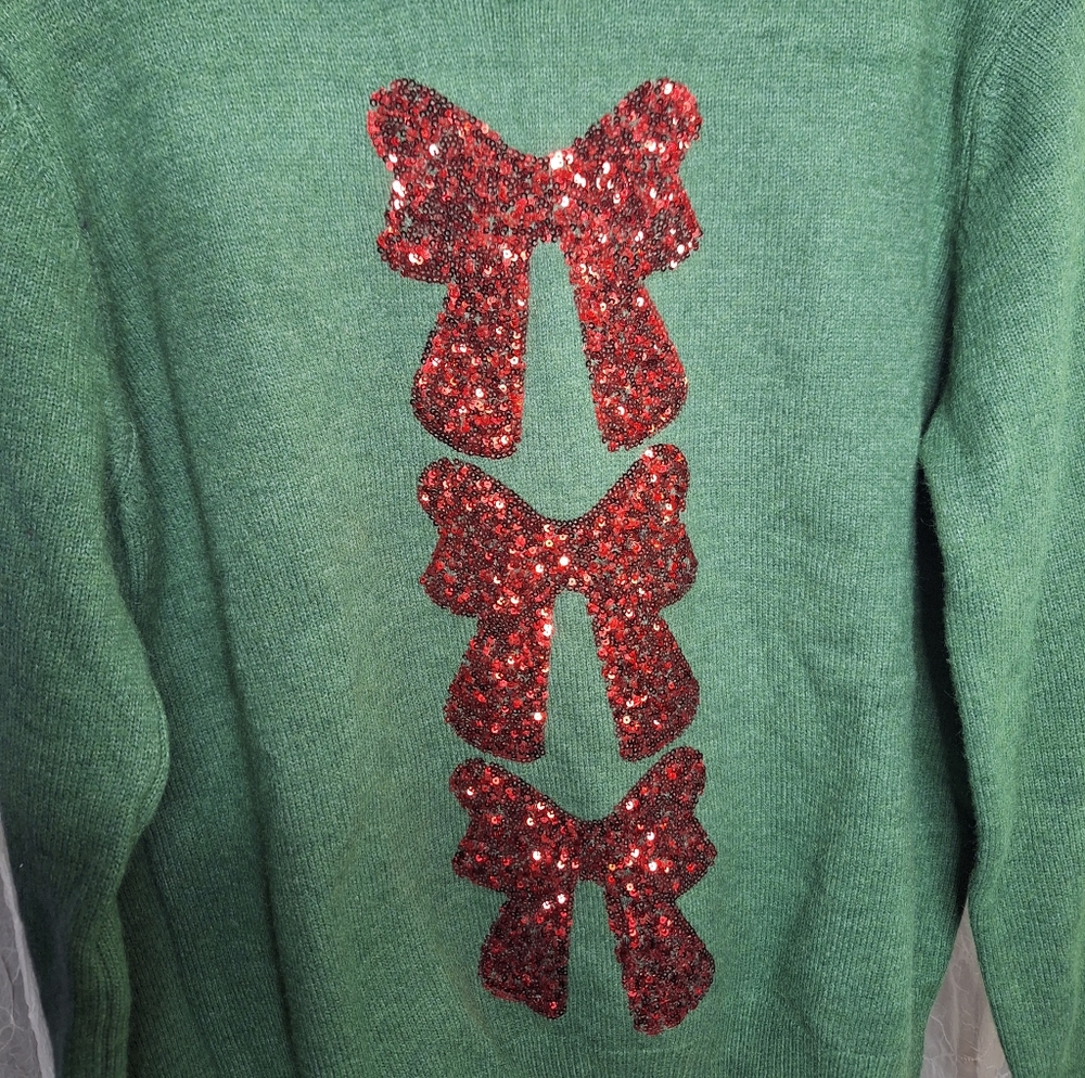 So Me Sequins Bows Ribbon Embellished Christmas Crew Neck Pull Over Sweater XL - Picture 3 of 6